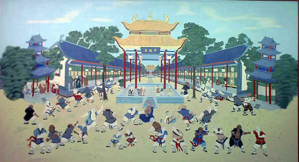 Fresque peinte sur un mur du temple représentant les moines à l’entrainement